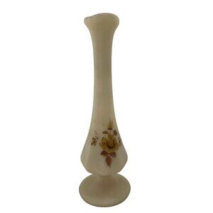 Fenton Vintage Custard Glass Bud‎ Vase hand painted Brown Flower Signed 8 Inches